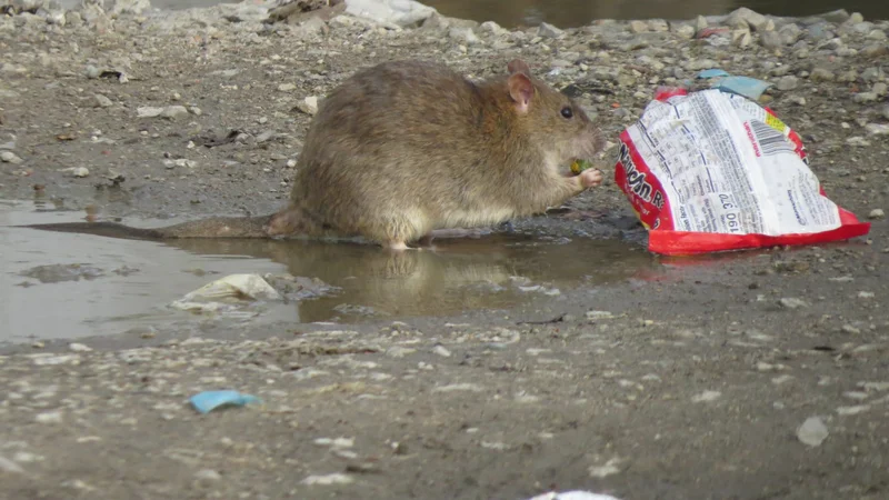 Wild rat eating from trash in urban setting