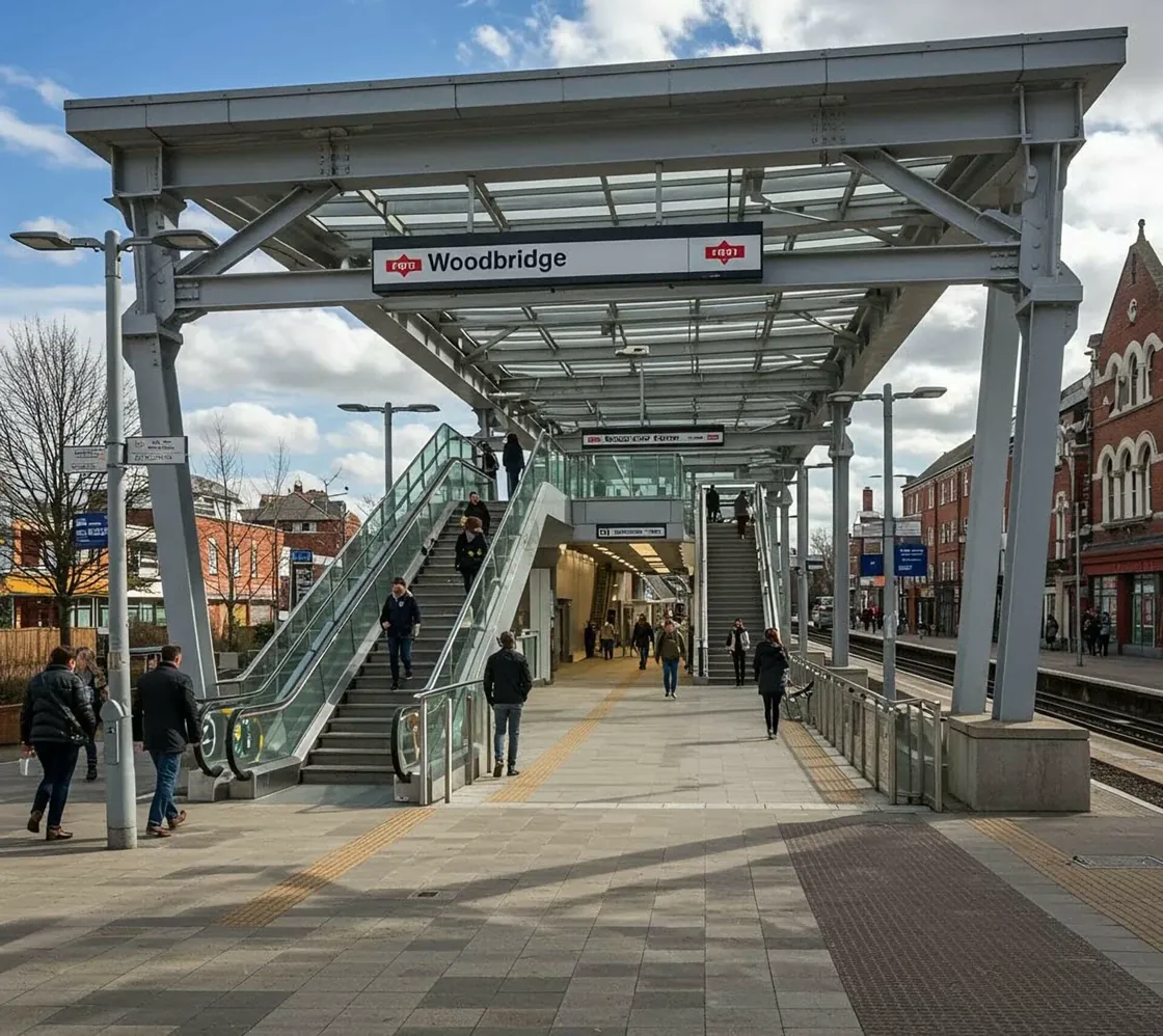 a picture of metro station entrance in Woodbridge station with a sign that says Woodbridge